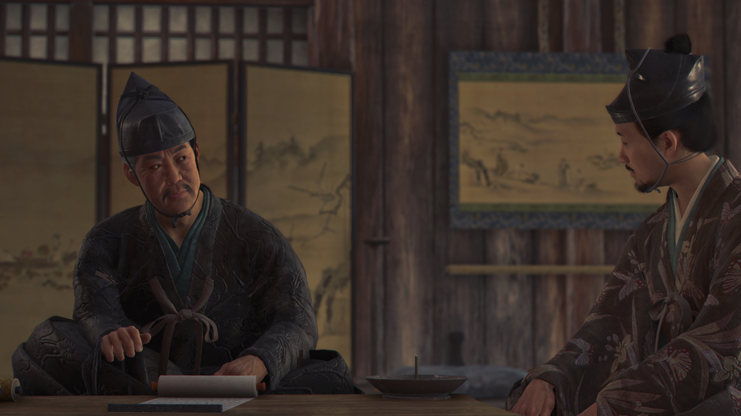 Assassin's Creed Shadows Tea Ceremony answers - Imai Sokun and Sokyu sitting down talking.