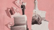 Photo collage of a wedding cake split in half, with the bride and groom toppers away from each other.