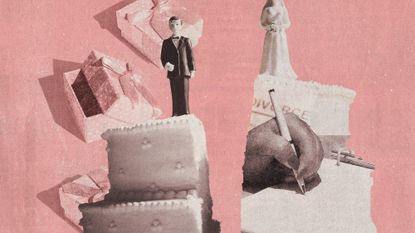 Photo collage of a wedding cake split in half, with the bride and groom toppers away from each other.