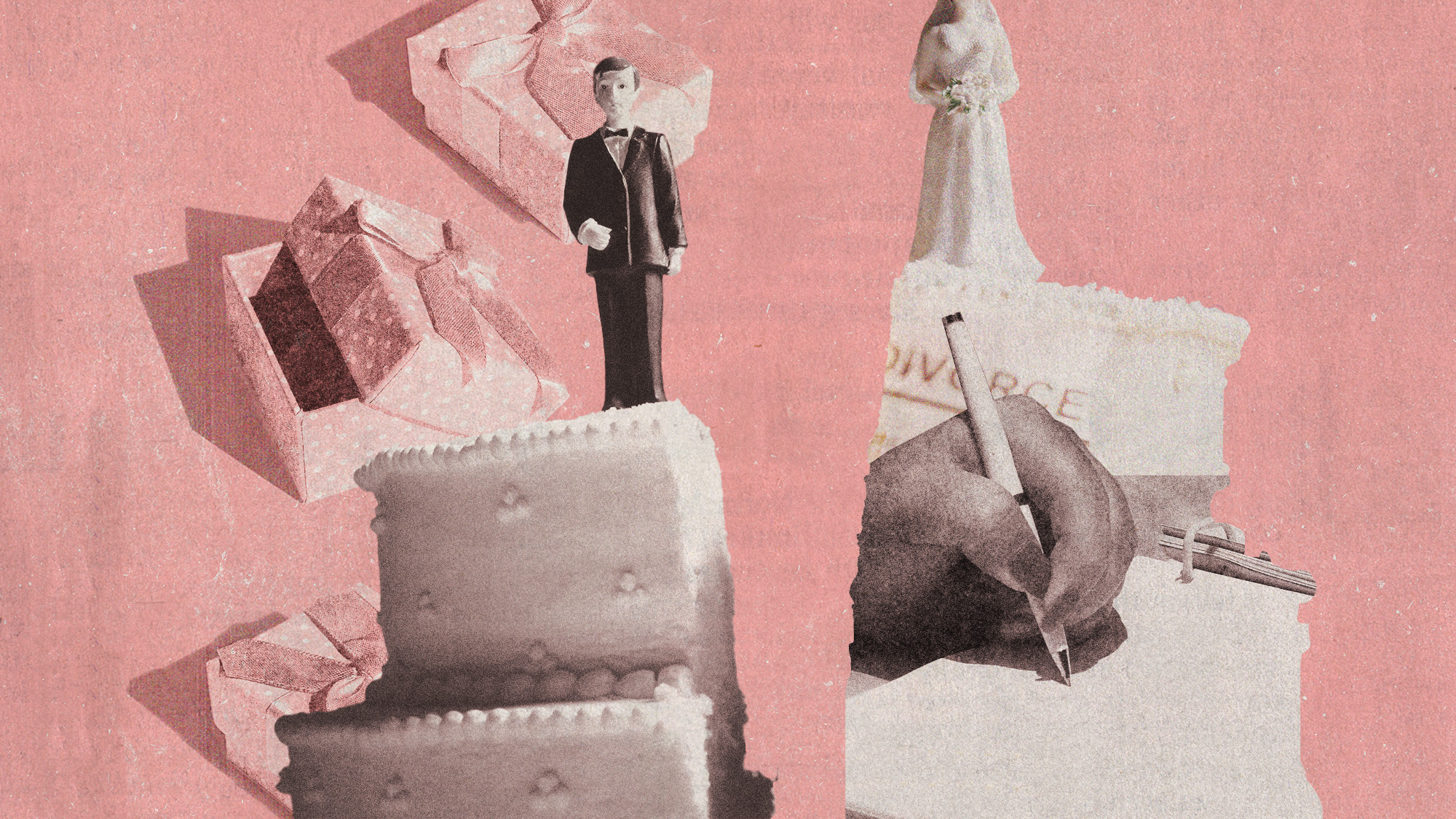 Photo collage of a wedding cake split in half, with the bride and groom toppers away from each other.