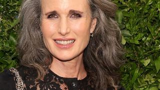 Andie MacDowell wearing one of the nicest fall makeup looks - pretty lilac eyes paired with a nude lip