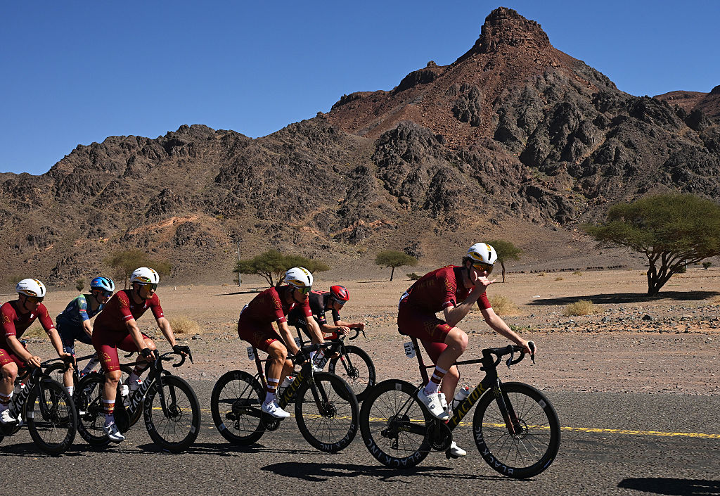 SKYVIEWS OF HARRAT UWAYRID, SAUDI ARABIA - JANUARY 31: Cole Kessler of United States and Team Modern Adventure Pro Cycling and a general view of the peloton competing during the 6th AlUla Tour 2026, Stage 5 a 163.9km stage from AlUla Old Town to Skyviews of Harrat Uwayrid 1166m on January 31, 2026 in Harrat Uwayrid, Saudi Arabia. (Photo by Dario Belingheri/Getty Images)