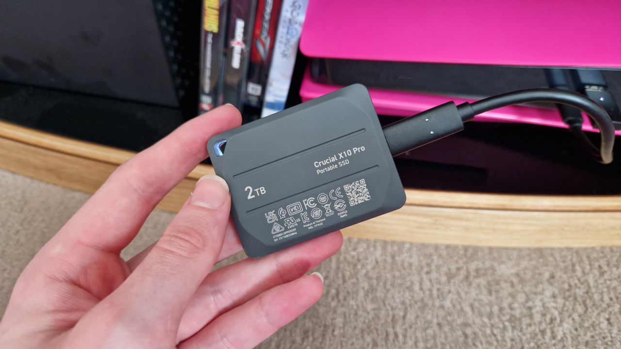 Crucial X10 Pro's back, showing the 2TB capacity and product info