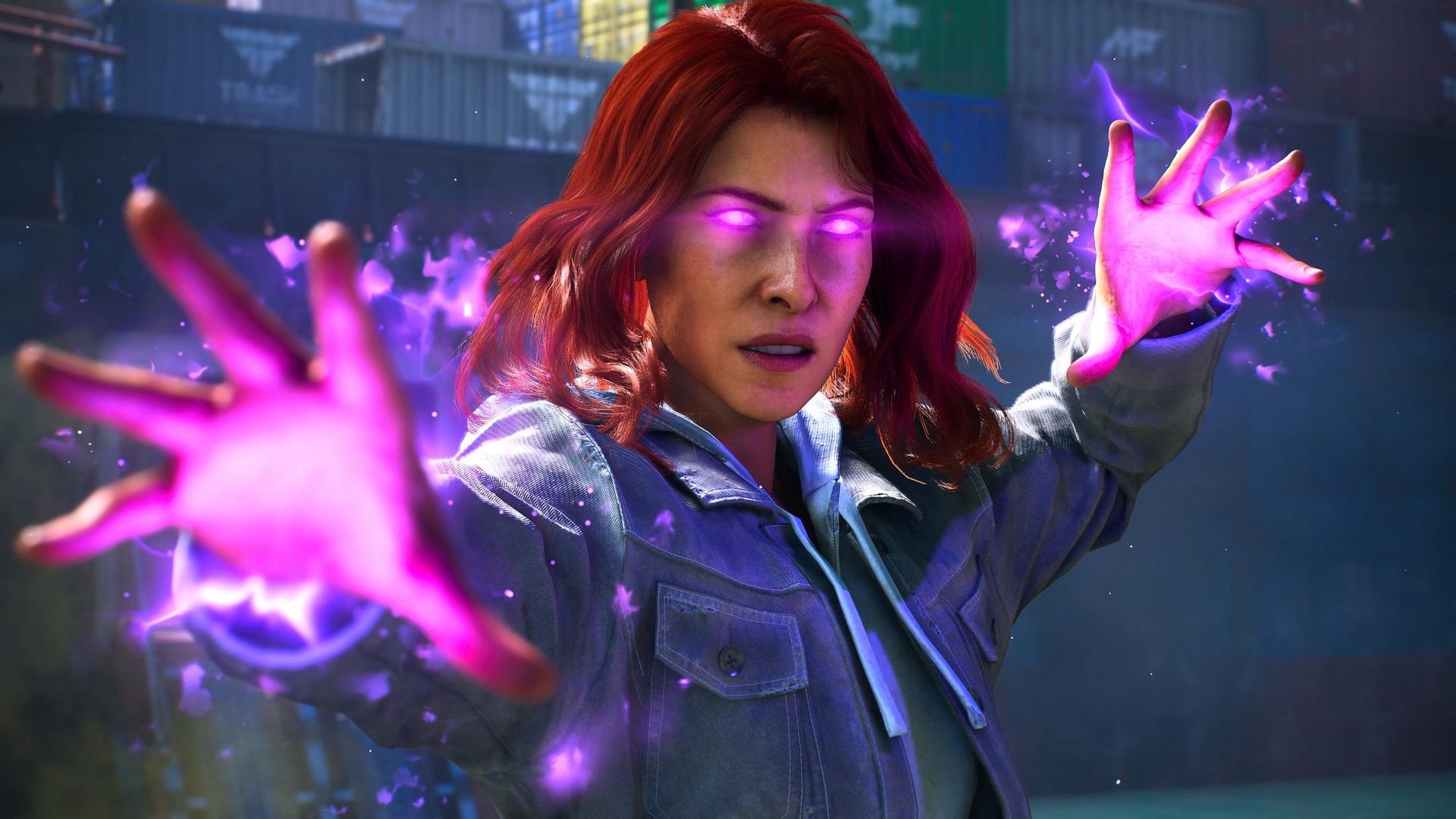 Jean Grey glows with purple energy in casualwear in Marvel's Wolverine