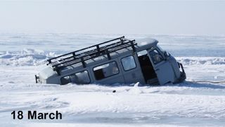 The researchers' van got trapped in the ice on the eastern boundary of a ring in Lake Baikal on March 2016.