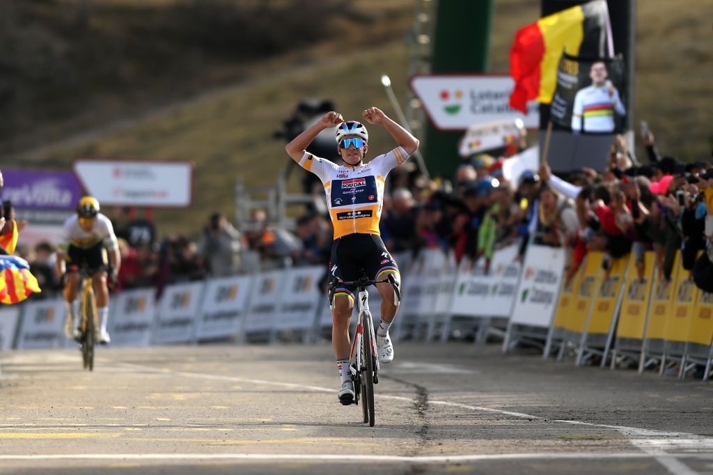 LA MOLINA SPAIN MARCH 22 Remco Evenepoel of Belgium and Team Soudal QuickStep Yellow Best Young Rider Jersey celebrates at finish line as stage winner ahead of Primoz Roglic of Slovenia and Team JumboVisma Green Leader Jersey during the 102nd Volta Ciclista a Catalunya 2023 Stage 3 a 1806km stage from Olost to La Molina 1691m UCIWT on March 22 2023 in La Molina Spain Photo by David RamosGetty Images