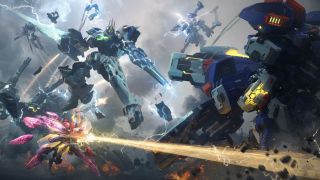 Mecha Break play with friends: A group of mechs shooting at and lunging towards another mech on the right side.