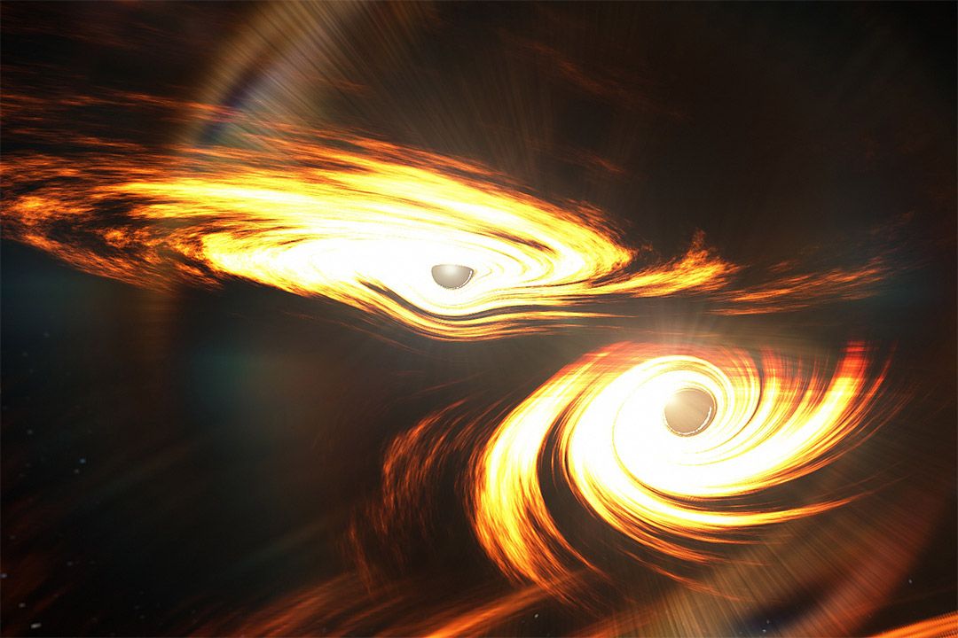 An artist&#039;s depiction of two black holes spiraling towards each other, about to collide. 