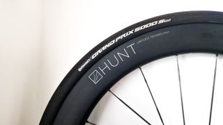 Close up on Continental GP5000S TR tire on a Hunt wheel