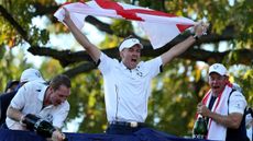 Ian Poulter celebrates winning the 2012 Ryder Cup