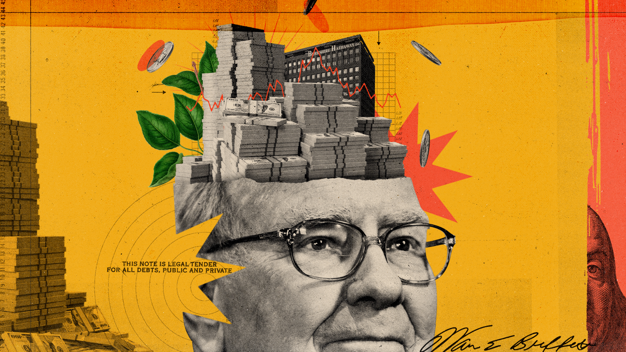 Photo composite illustration of Warren Buffett with stock charts, piles of money and the Berkshire Hathaway HQ building
