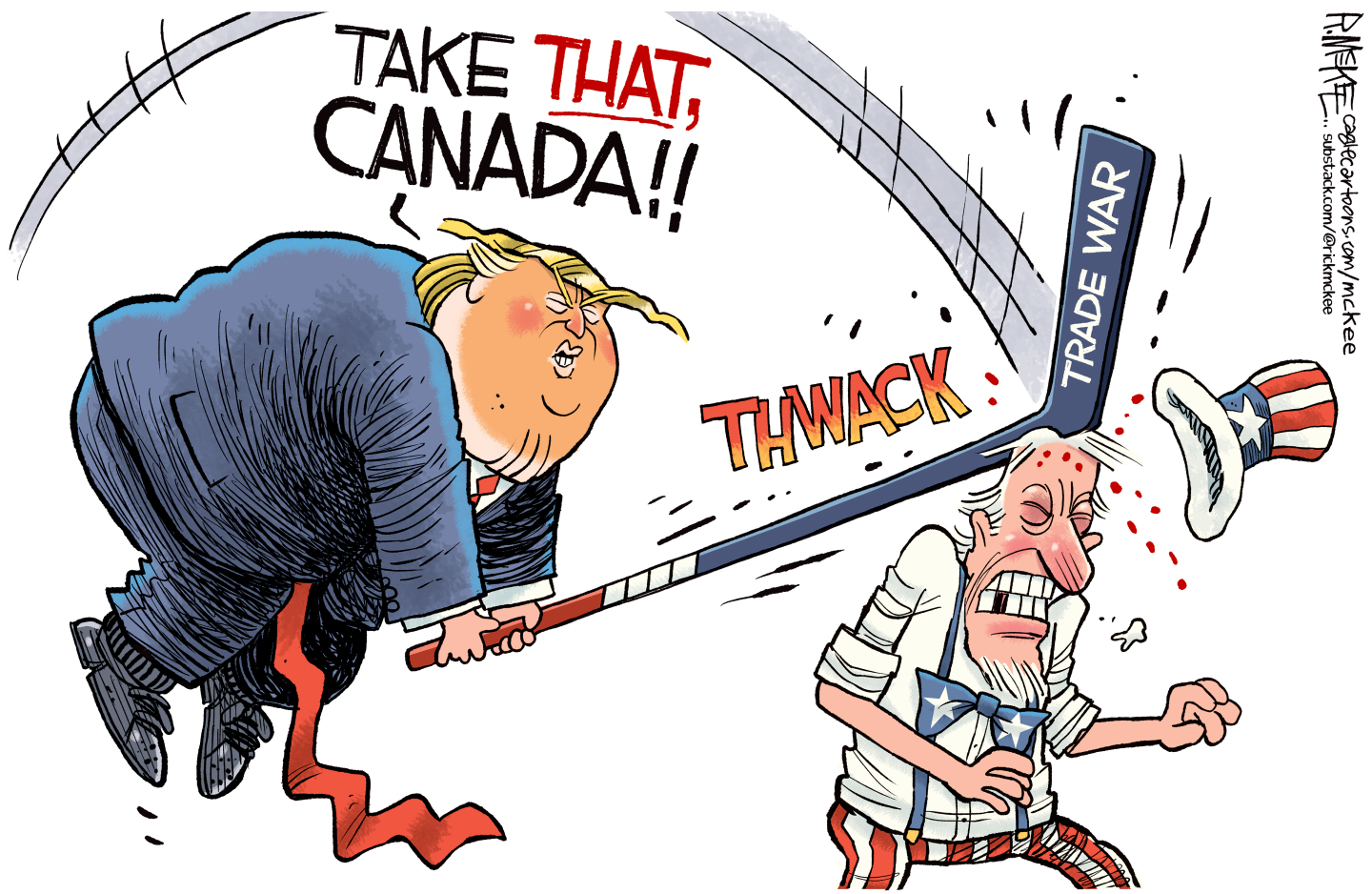 Donald Trump yells "Take THAT, Canada!" as he hits Uncle Sam on the head with a hockey stick that is labeled "Trade War."