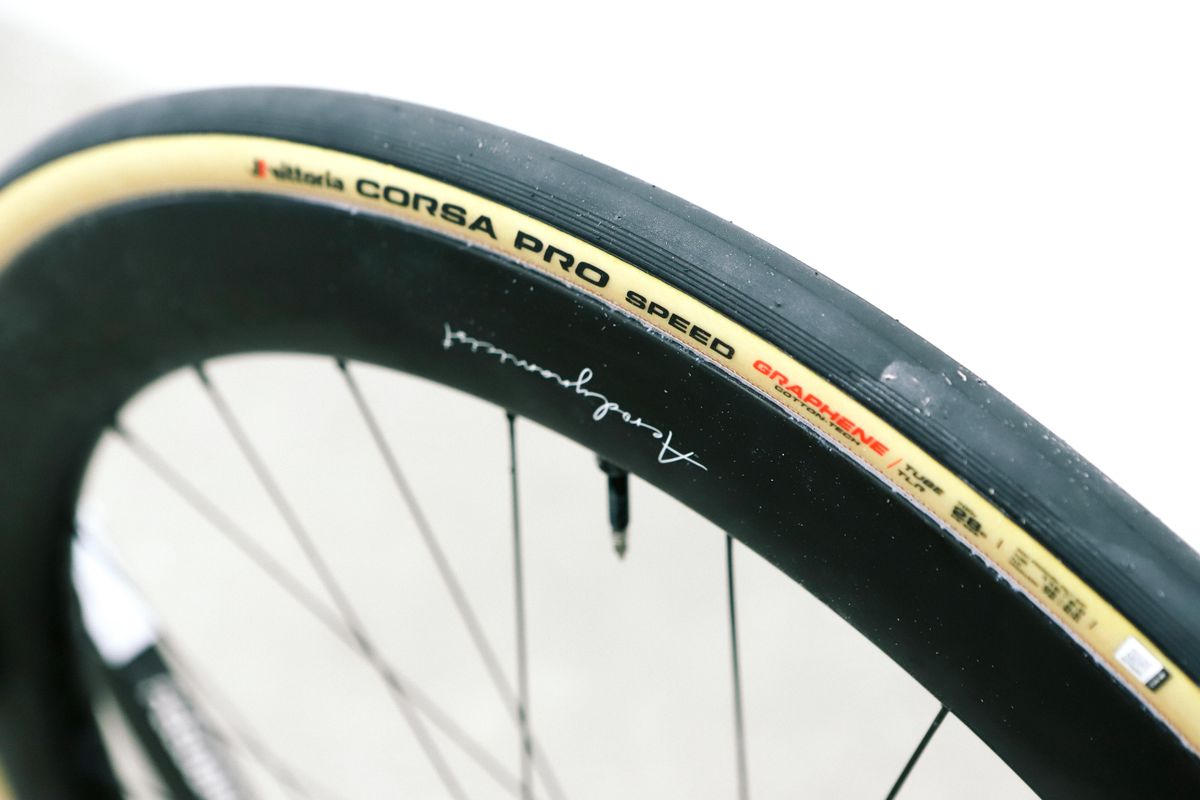 A tan bicycle tyre on a white background