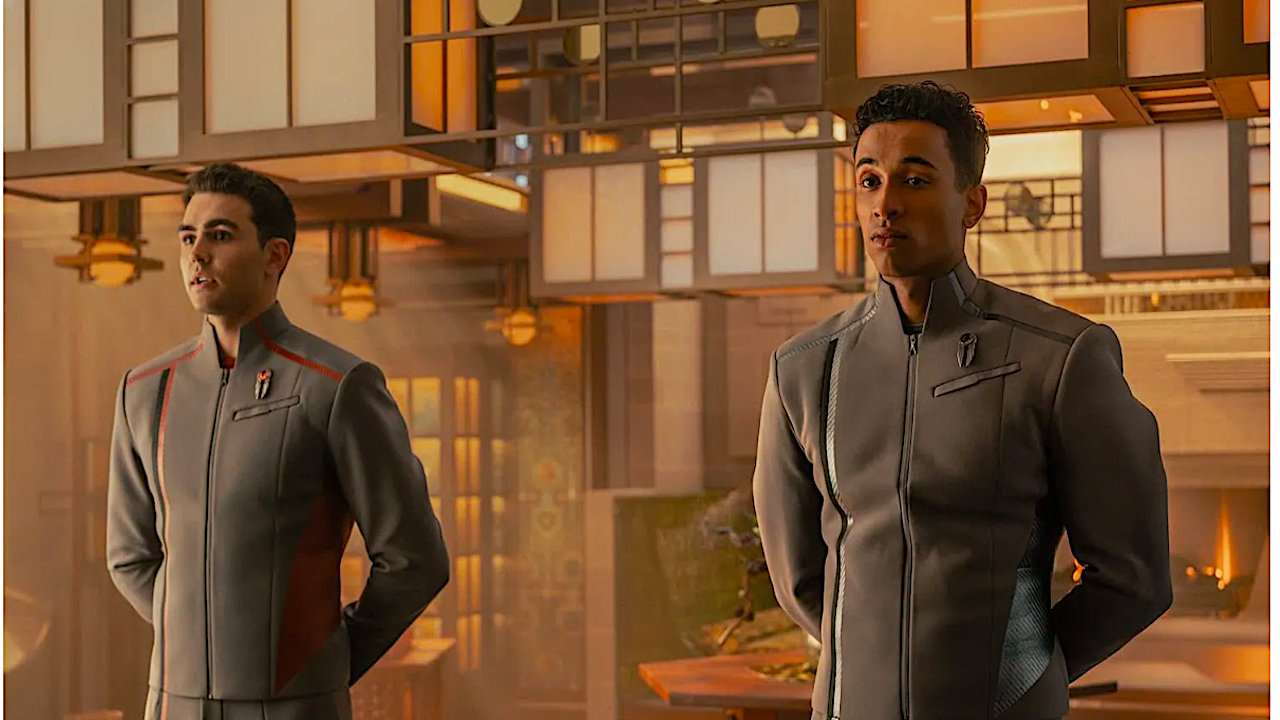 two uniformed sci-fi characters on a tv series