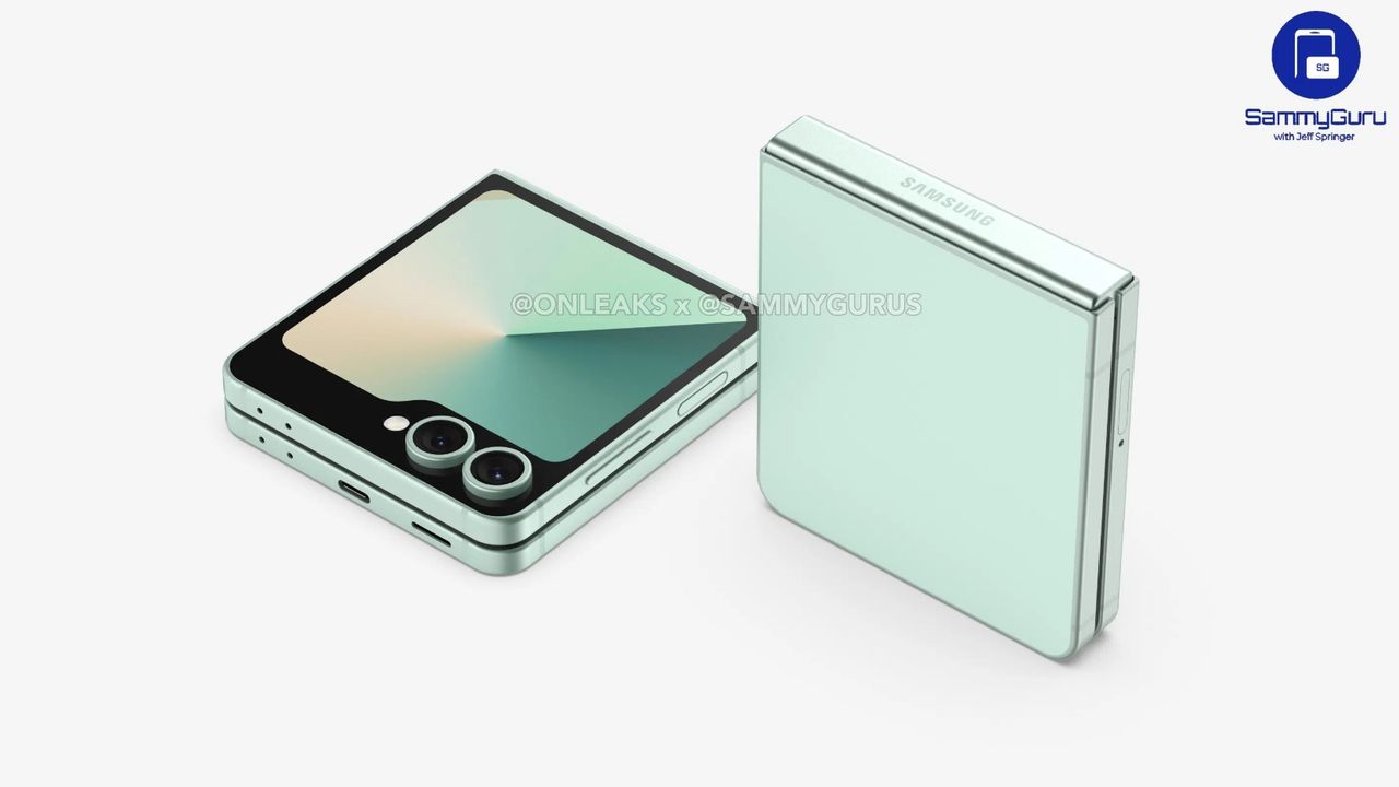 A leaked look at a minty green Galaxy Z Flip 7 FE closed.