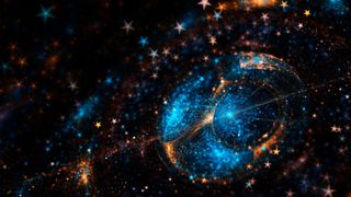 Mercury in retrograde 2022: Blue and Yellow space stars - stock photo Abstract fractal illustration looks like galaxies