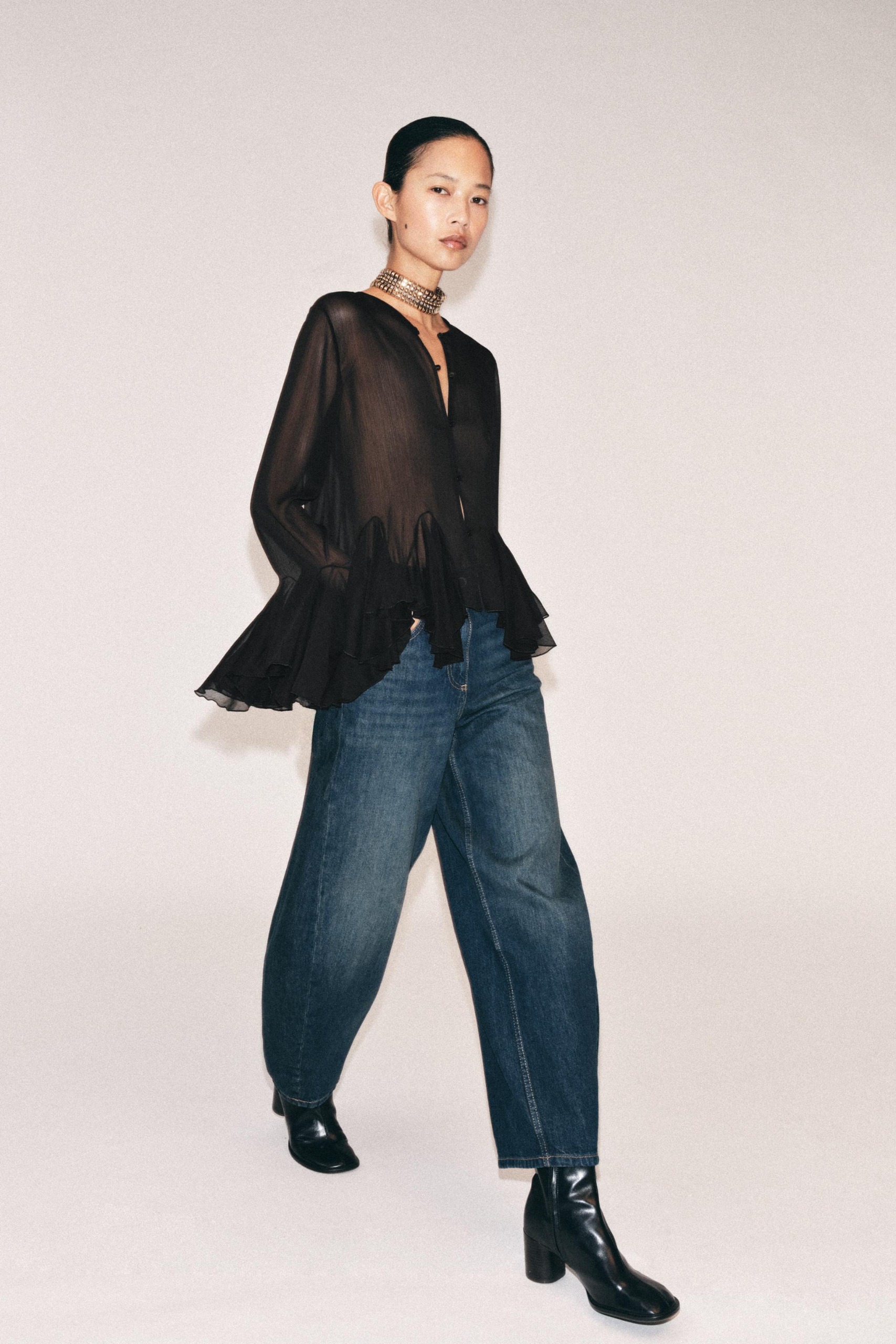 Zw Collection Fluid Ruffled Shirt - Black - Xs