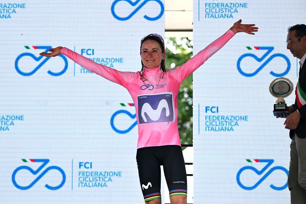 CANELLI ITALY JULY 05 Annemiek Van Vleuten of The Netherlands and Movistar Team celebrates at podium as Pink Leader Jersey winner during the 34th Giro dItalia Donne 2023 Stage 6 a 1044km stage from Canelli to Canelli 315m UCIWWT on July 05 2023 in Canelli Italy Photo by Dario BelingheriGetty Images