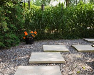 Square cement path tiles and black ceramic planter with orange Begonia flowers and Thuja