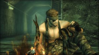 Naked Snake eats a snake in Metal Gear Solid 3: Snake Eater.