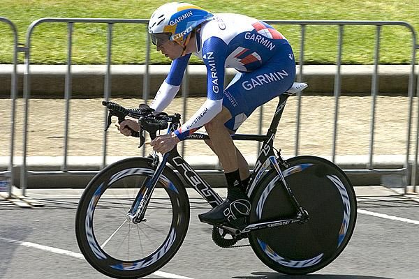 Garmin Slipstream's Brad Wiggins settles down into his ride against the clock on the penultimate stage of the tour.