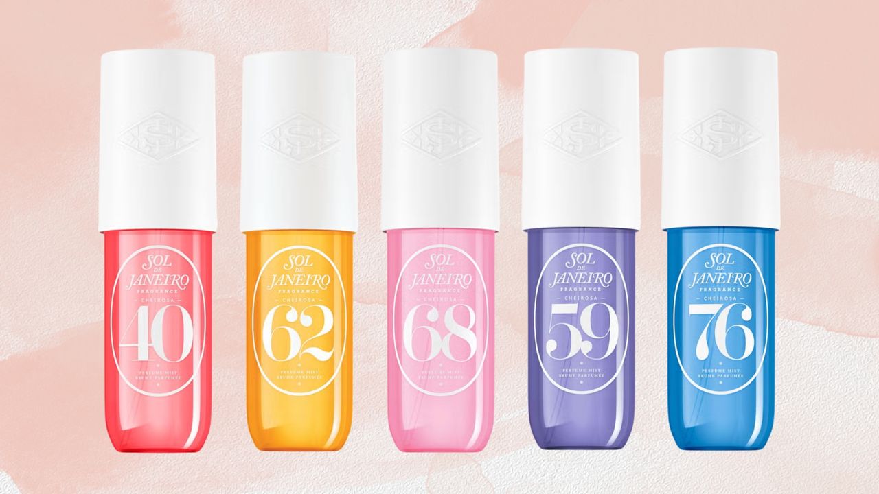 Image of some of the best-selling Sol de Janeiro scents (L-R) magenta Cheirosa 40, orange Cheirosa 62, pastel pink Cheirosa 68, violet Cheirosa 59 and blue Cheirosa 76, on a pink watercolour background