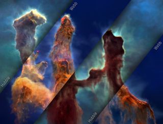 A mosaic of JWST and Hubble data of the "Pillars of Creation" visualization.