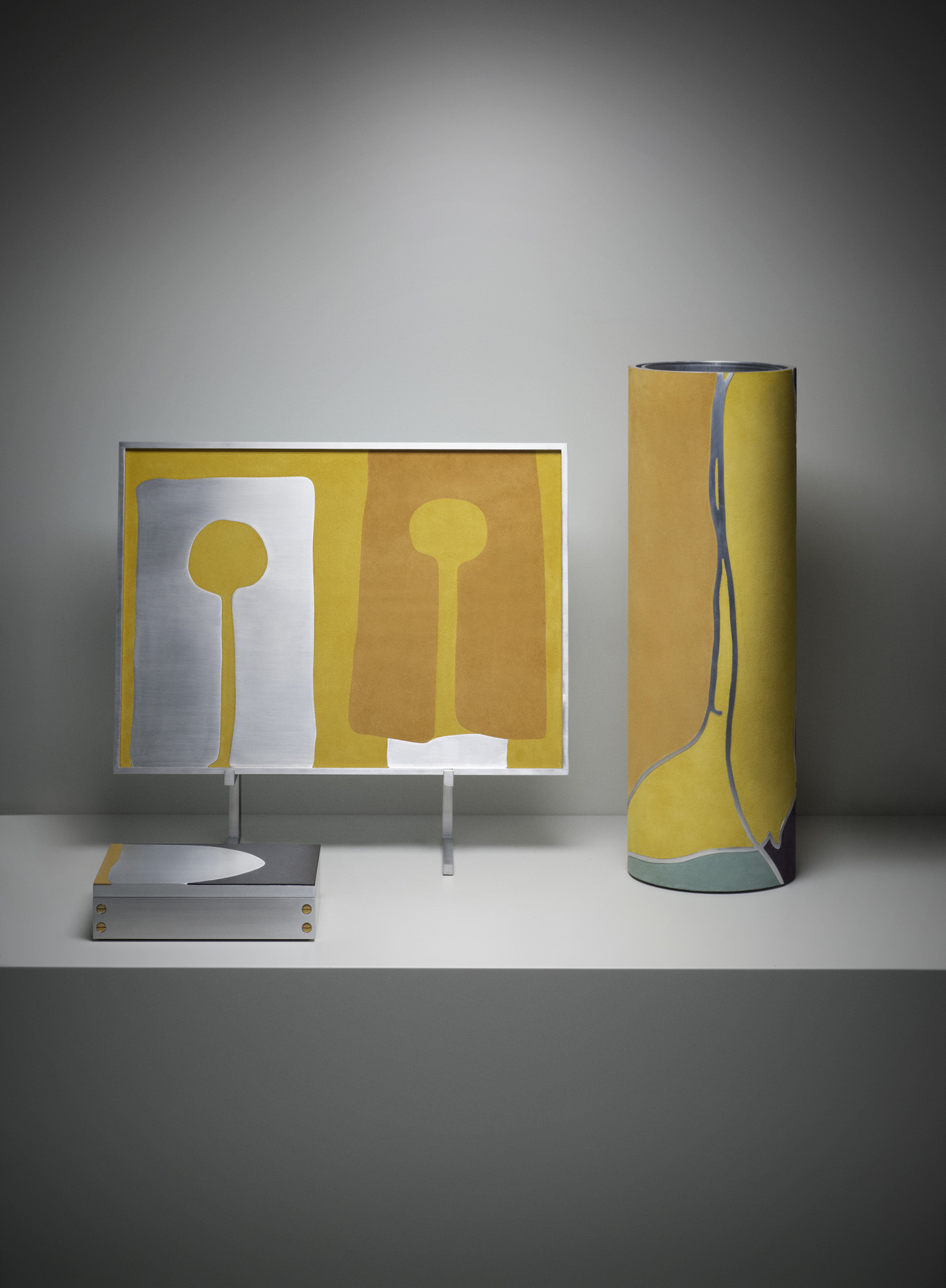 Giobagnara art edition objects by Gary Hume in solid aluminium and leather
