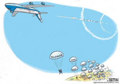 Political cartoon U.S. Rex Tillerson firing White House chaos revolving door