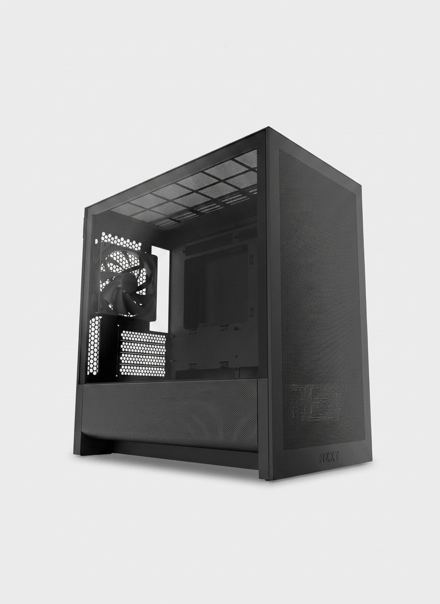 An NZXT H3 Flow PC case on a grey background