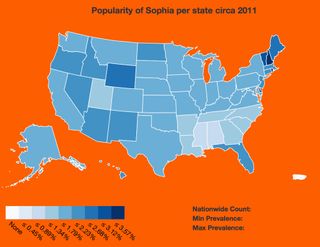 The baby name Sophia shows a peak in popularity in 2011 in Vermont and New Hampshire.