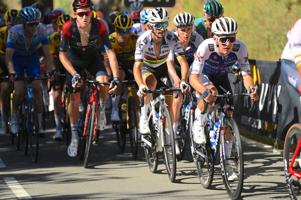 LAGUARDIA, SPAIN - AUGUST 23: Julian Alaphilippe of France and Team Quick-Step - Alpha Vinyl (C) competes during the 77th Tour of Spain 2022, Stage 4 a 152,4km stage from Vitoria-Gasteiz to Laguardia 627m / #LaVuelta22 / #WorldTour / on August 23, 2022 in Laguardia, Spain. (Photo by Justin Setterfield/Getty Images)