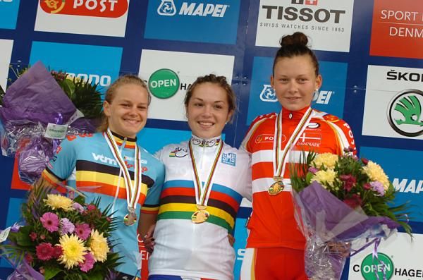 Jessy Druyts (Belgium), Lucy Garner (Great Britain) and Christina Siggaard (Denmark) made up the junior women's podium at the world championships