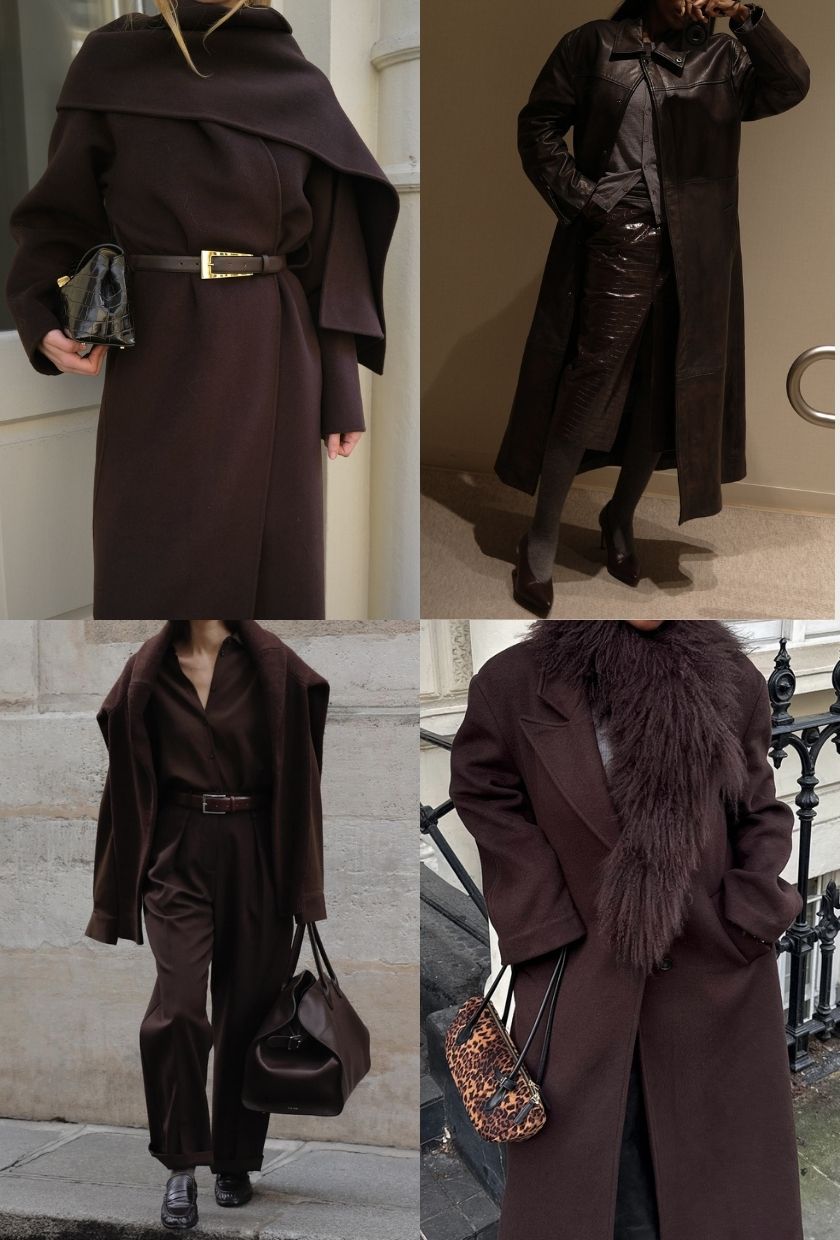 close-up shots of an espresso scarf coat, clutch and belt, a leather coat, cardigan, skirt and heels, a shirt, trousers, loafers and bag, and a wool coat and faux-fur scarf