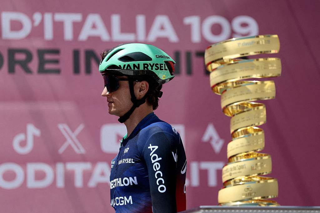 Decathlon CMA CGM Team Austrian rider Felix Gall arrives on the signature podium before the 8th stage of the Giro d'Italia 2026 