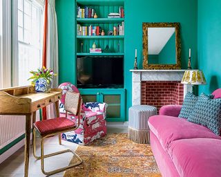 Small living room TV ideas with pink and green color