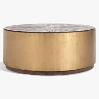 drum wood coffee table with antique gold finish