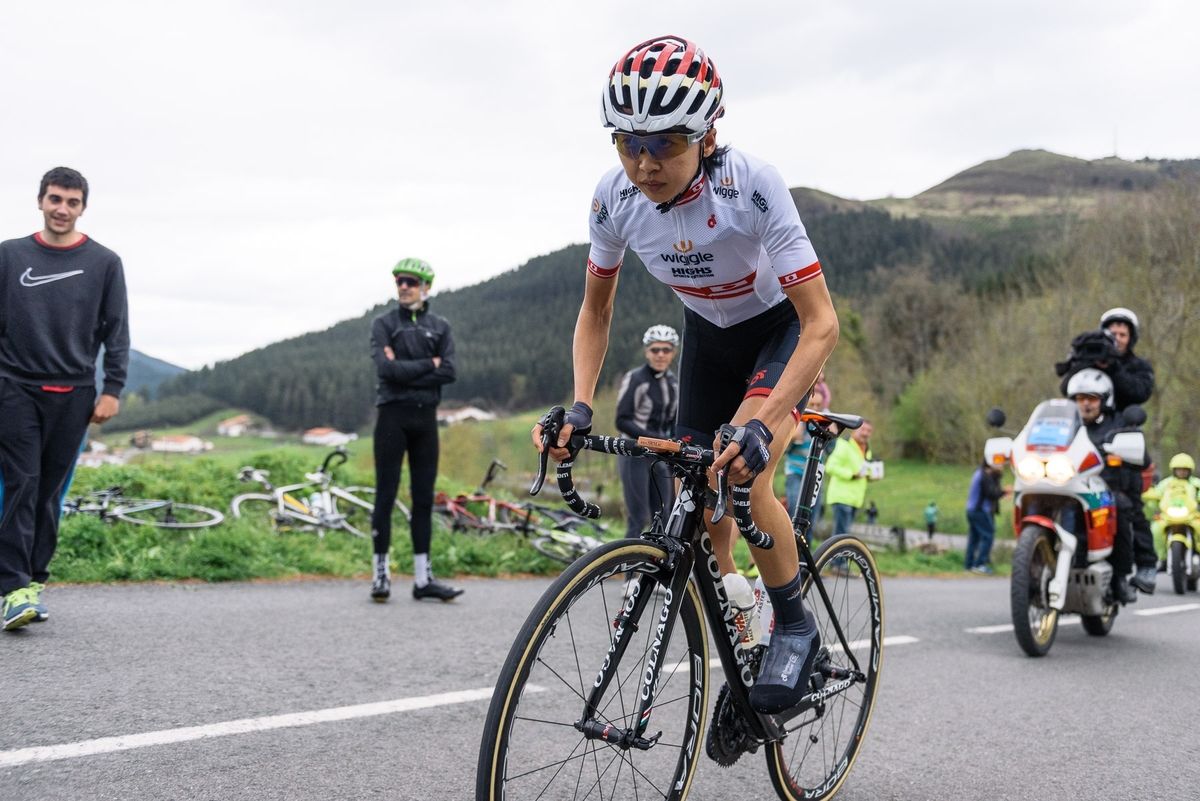 Mayuko Hagiwara crests the top of the first categorised climb