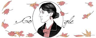 Profile of Virginia Woolf inside a circle, surrounded by falling leaves