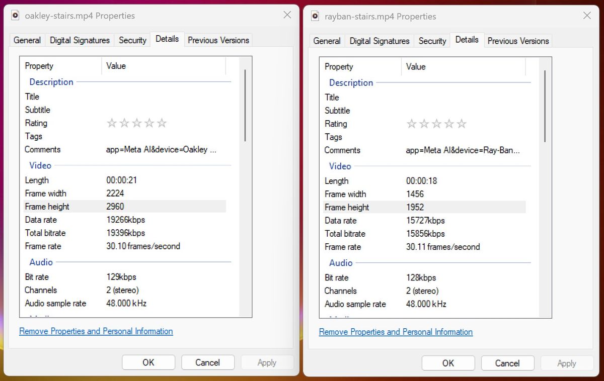 Comparing the resolution and bit rate between Ray-Ban Meta Smart Glasses 1080p video and Oakley Smart Glasses 3K video