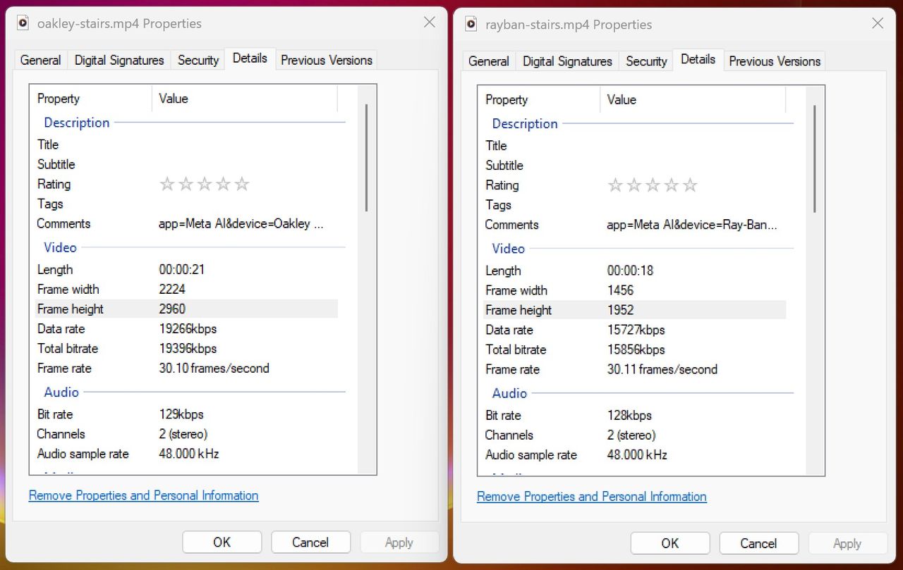 Comparing the resolution and bit rate between Ray-Ban Meta Smart Glasses 1080p video and Oakley Smart Glasses 3K video