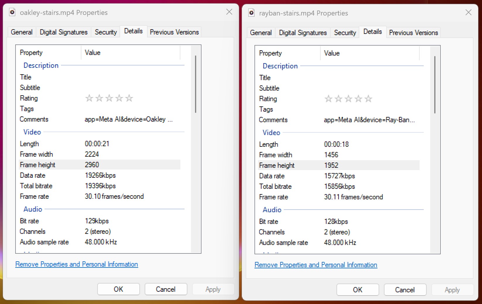 Comparing the resolution and bit rate between Ray-Ban Meta Smart Glasses 1080p video and Oakley Smart Glasses 3K video
