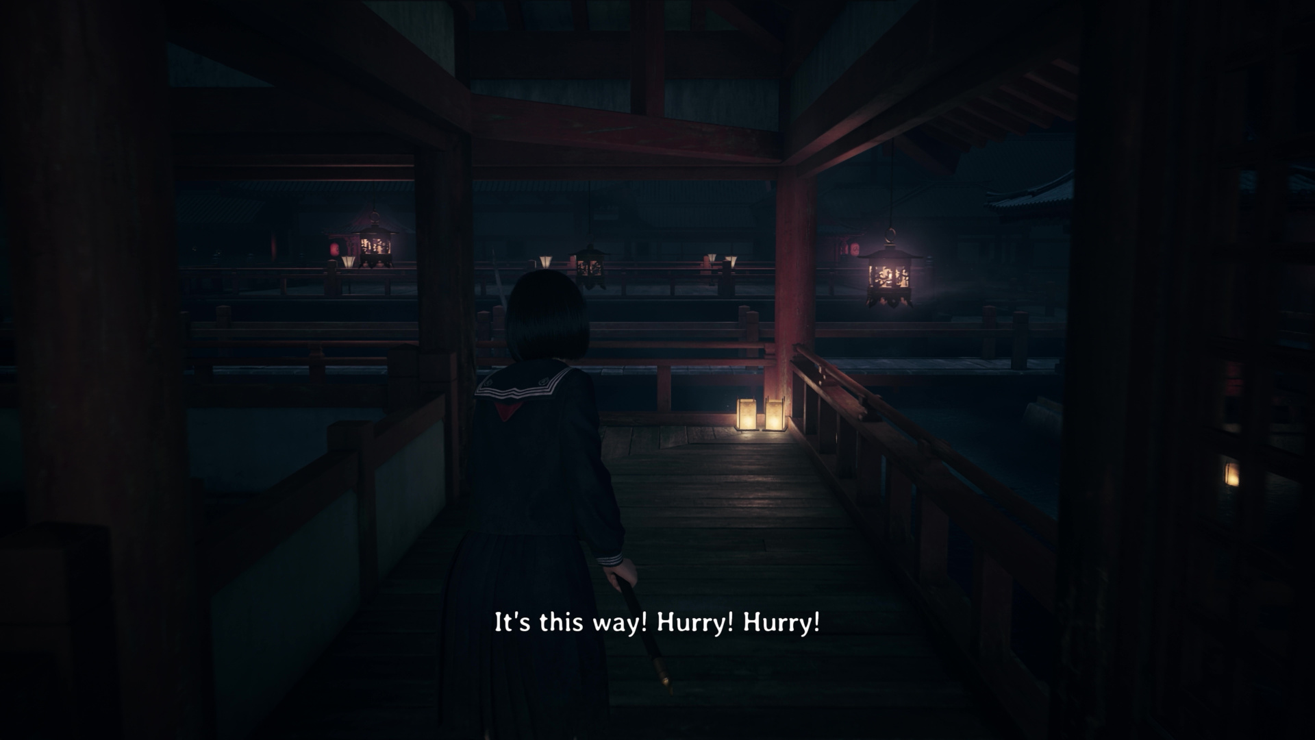 Hinako explores the shrine world in Silent Hill f, from the Tokyo preview, as a voice beckons her on