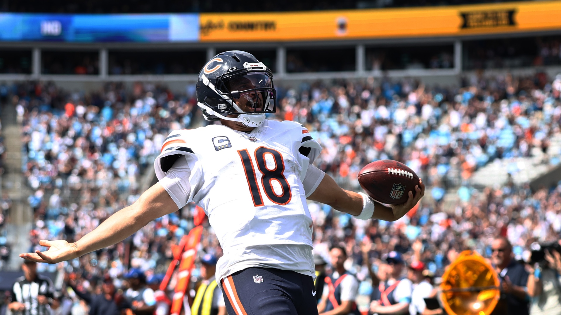 Chicago Bears quarterback Caleb Williams celebrating a touchdown