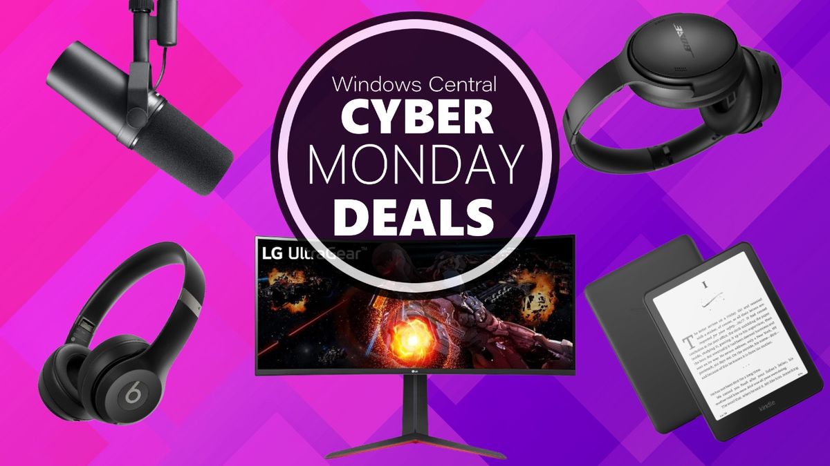 Various tech products on a purple background with the Windows Central Cyber Monday Deals badge.