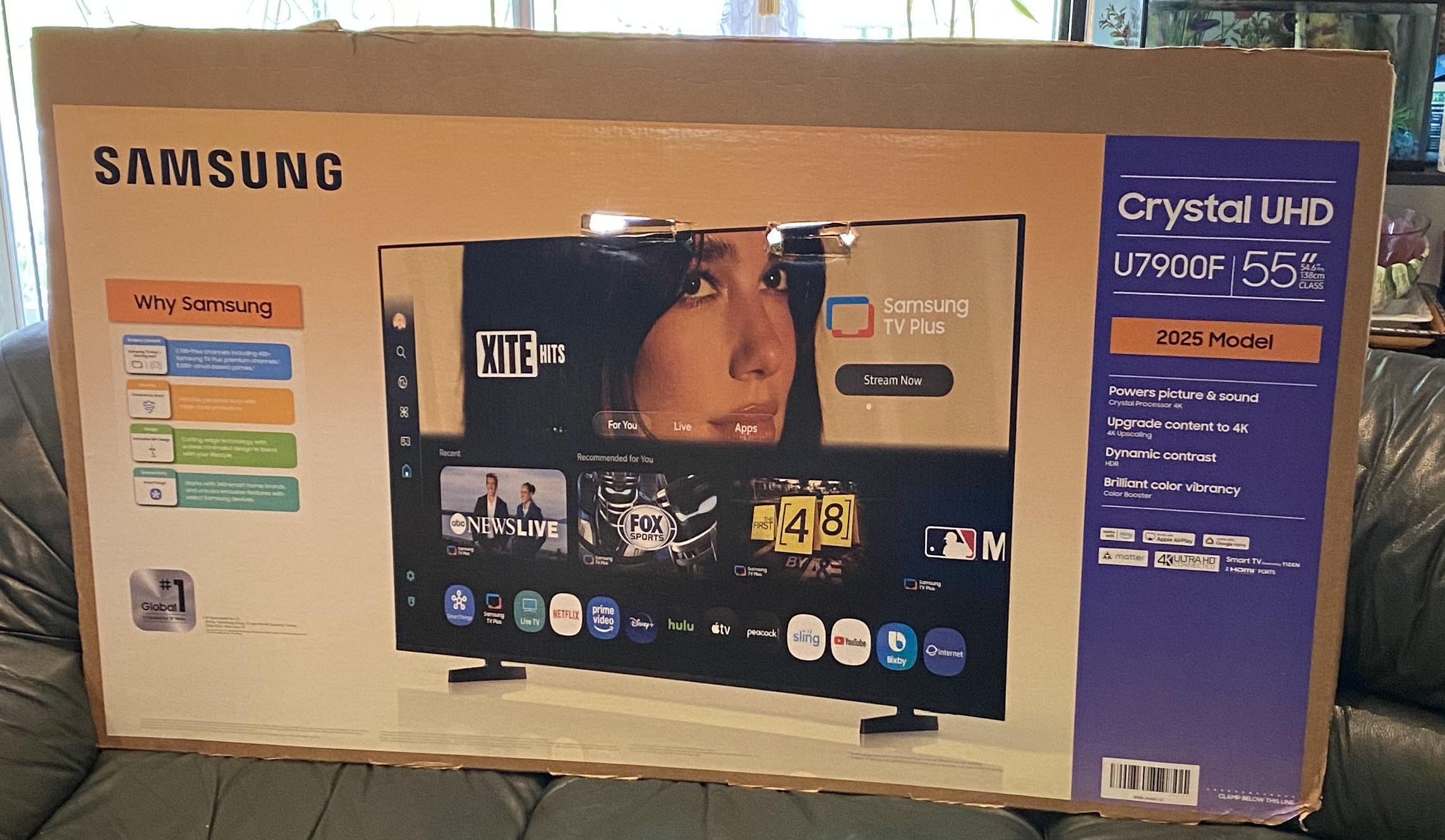 Dua Lipa's face on a Samsung TV box