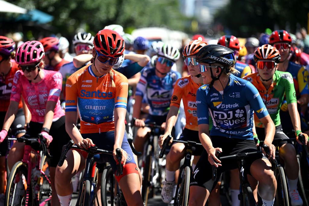 UNLEY AUSTRALIA JANUARY 18 LR Daniek Hengeveld of The Netherlands and CeratizitWnt Pro Cycling Team Orange Santos Leaders Jersey and Ally Wollaston of New Zealand and Team FDJSuez Blue Sprint Jersey prior to the 9th Santos Womens Tour Down Under 2025 Stage 2 a 115km stage from Unley to Willunga Hill 370m on January 18 2025 in Unley Australia Photo by Dario BelingheriGetty Images