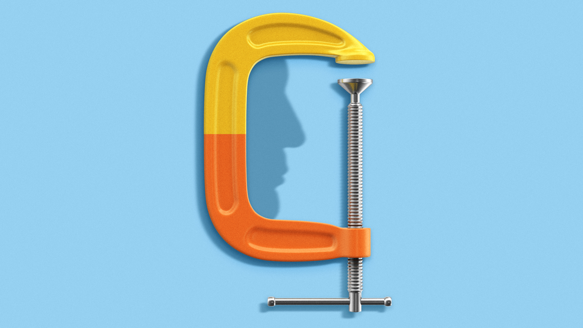 Photo illustration of a C-clamp tool with a shadow shaped like President Donald Trump