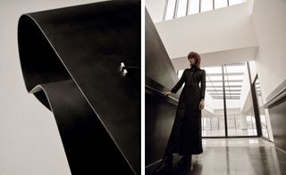 On the left, ‘Sprung’ table, 2015, by Makina. Right: the studios maximise natural light. Coat and boots, both by Calvin Klein Collection
