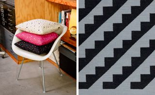 Two images, left: Grey floor, cream buckey chair stacked with three cushions, a white, pink and black with coloured flecks, grey floor, wooden unit in the bcakground, Right: gey background with black serrated line patterned print